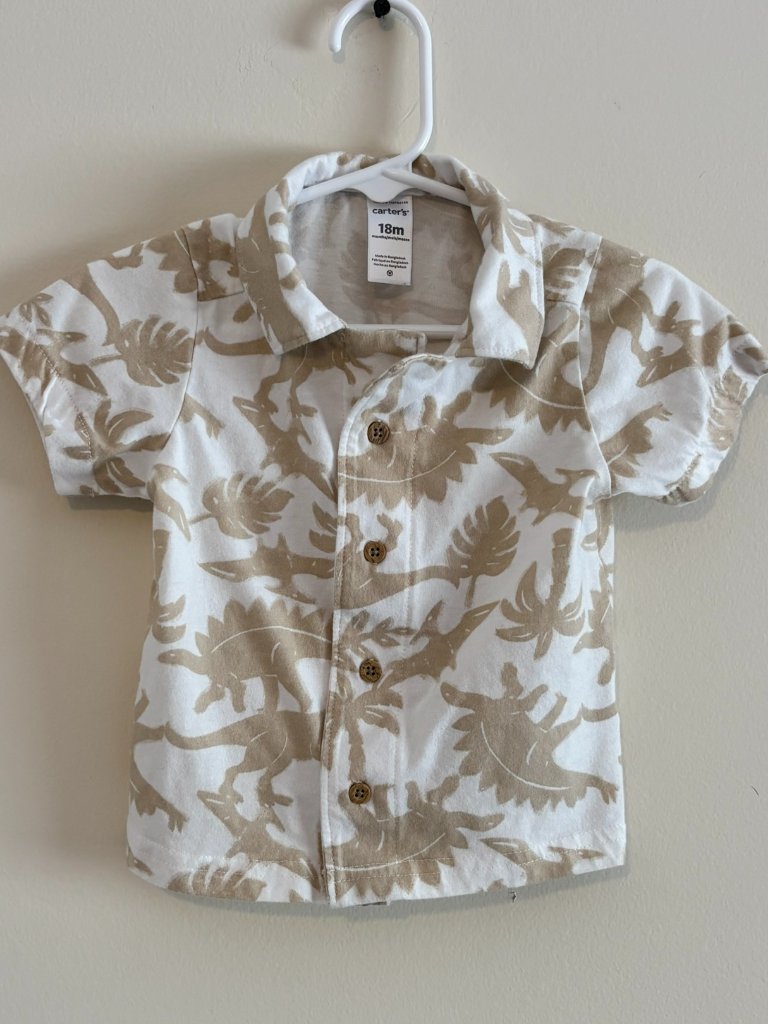 Carters Baby Boy 18m White Tan Dinosaur Tropical Button Down Shirt Collared